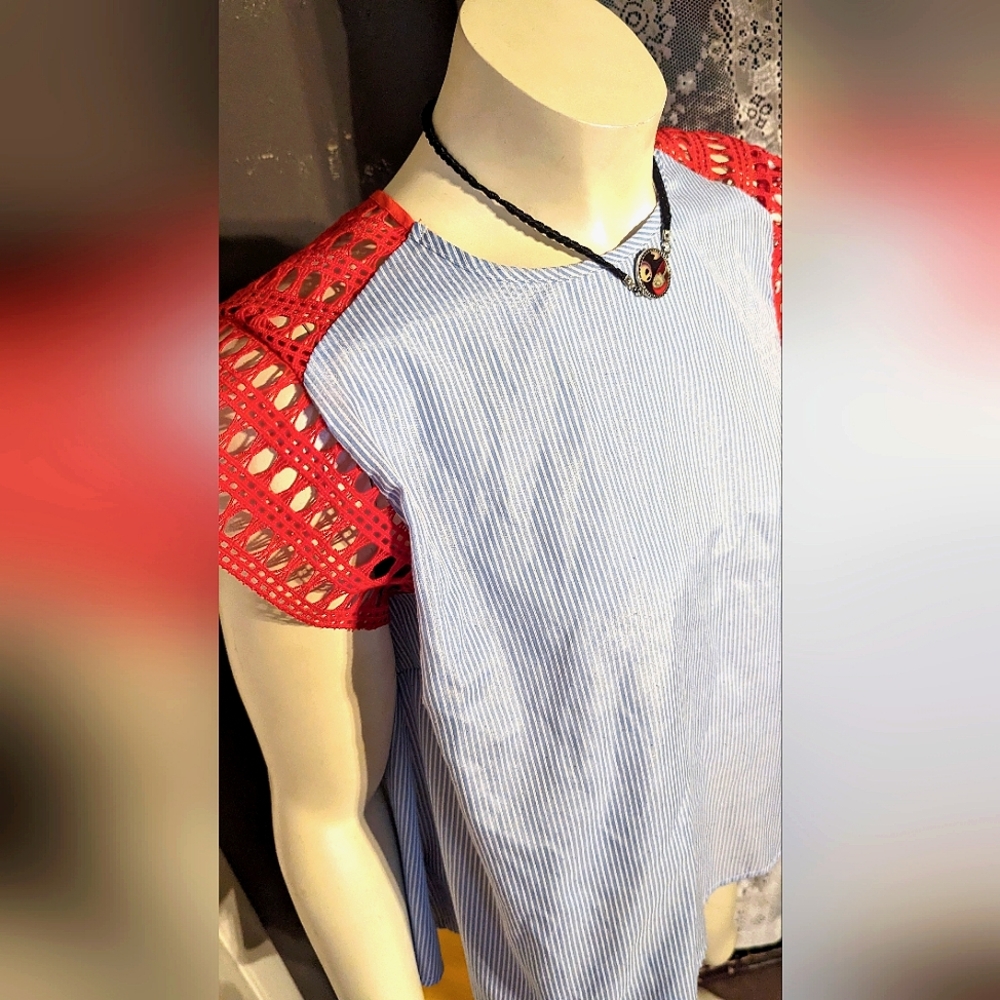 Medium Maeve anthropology swing knit sleeve summer horizontal pinstripe denim